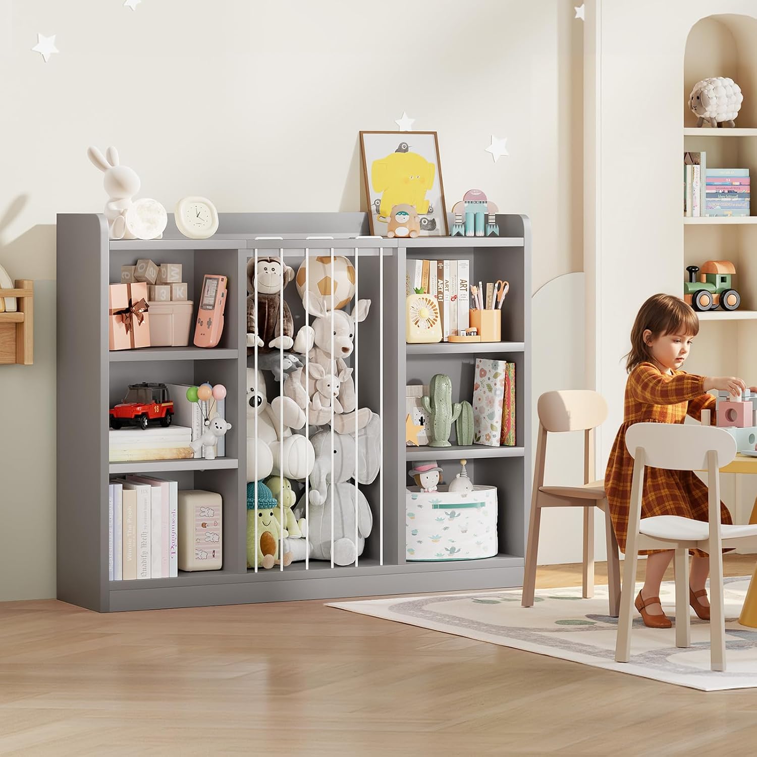 Toddler Stuffed Animal Zoo, Toy Storage Organizer for Playroom, Plush Toy Organizers and Storage, Book Shelf for Kids Rooms, Elastic Band Child Bookcase, Toy Shelf with 8 Storage Cubbies (Grey)
