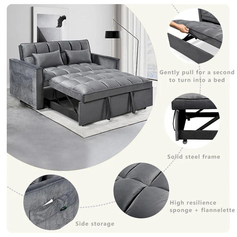 Modern Velvet Futon Loveseat with Reclining Backrest & Pockets, Seats 2 ?Dark Gray / Light Gray / Blue / Black