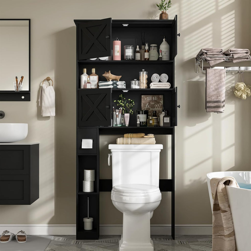Halitaa Over The Toilet Storage Cabinet, Farmhouse Storage Cabinet Over Toilet with 4 Barn Doors & Toilet Paper Holder Stand, Black Toilet Shelf Home Space Saver for Restroom, Bathroom, Laundry