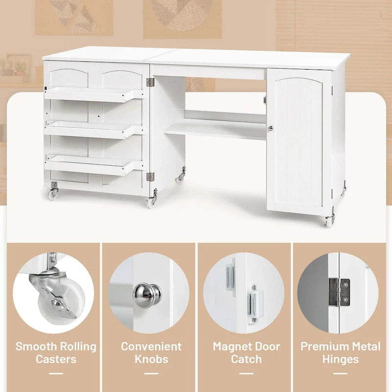 Costway Folding Sewing Table Shelves Storage Cabinet Craft Cart with - See Details