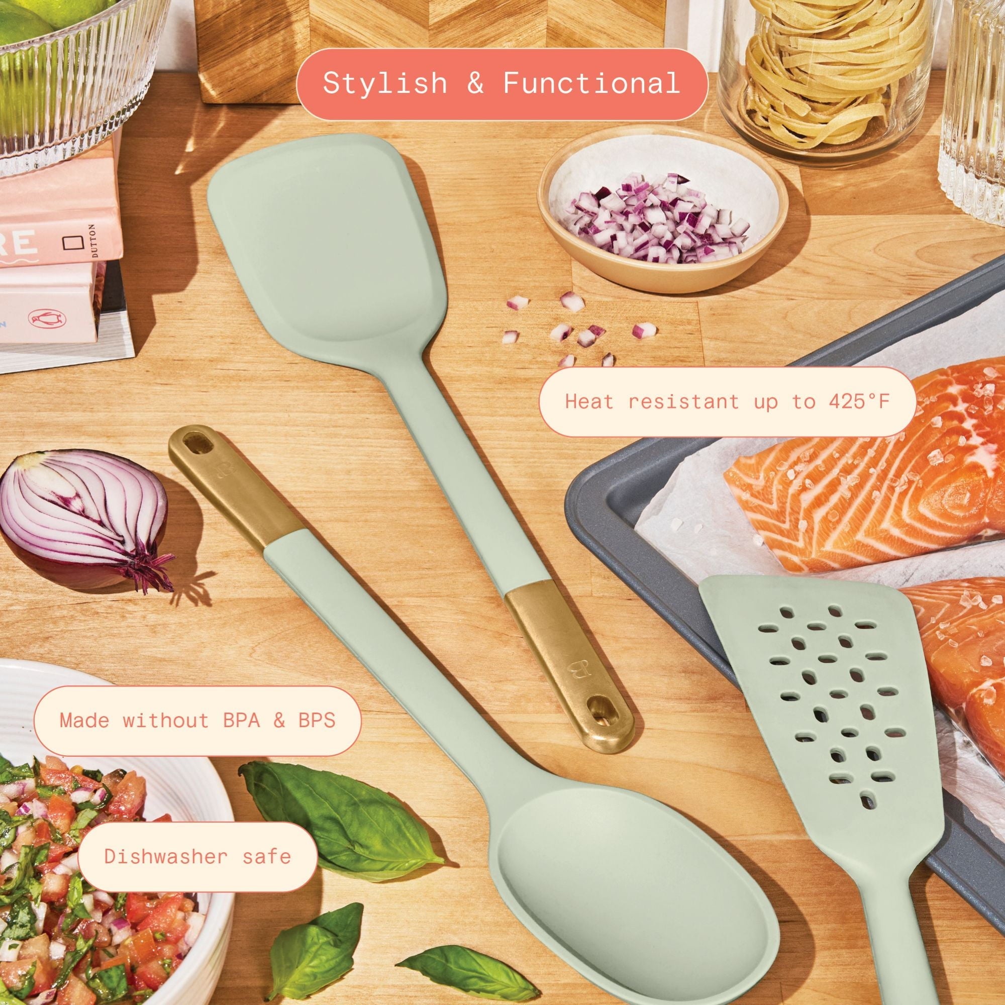 3-Piece Silicone Kitchen Utensil Tool Set, Porcini Taupe by Drew Barrymore