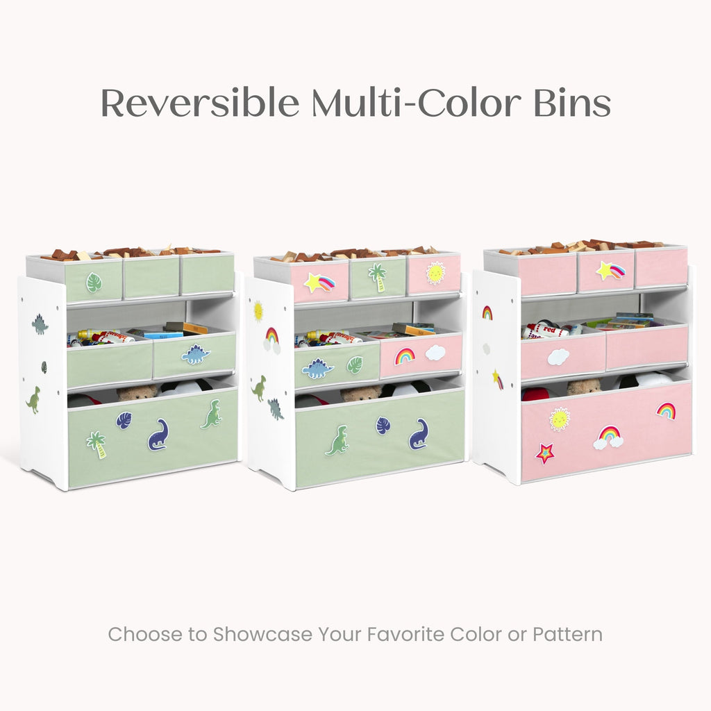Design & Store 6 Bin Toy Storage Organizer with Interchangeable Patches, Green/Pink