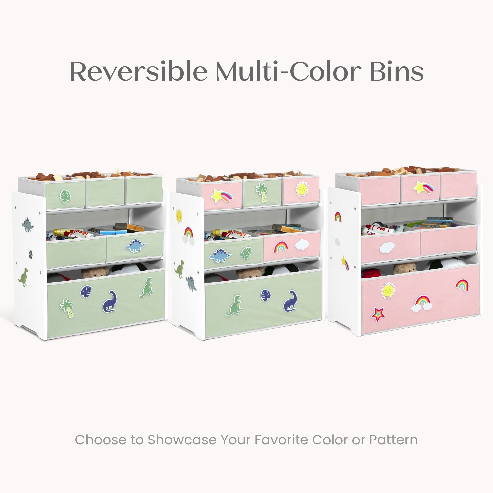 Design & Store 6 Bin Toy Storage Organizer with Interchangeable Patches, Green/Pink
