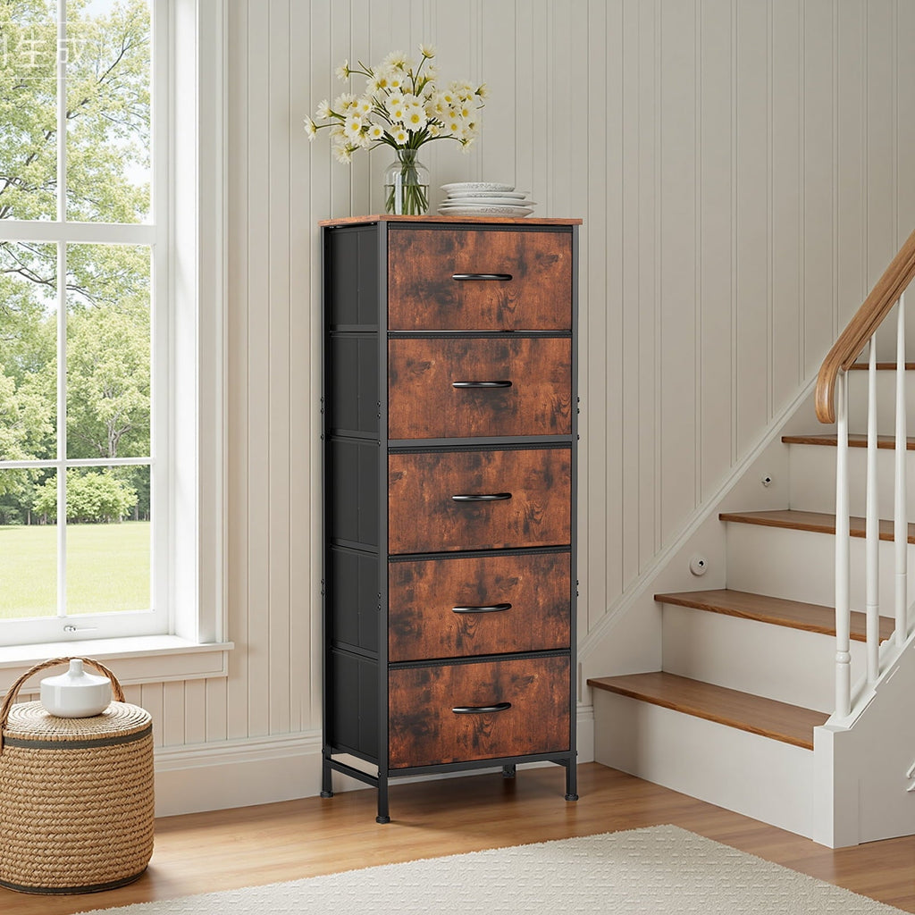5 Fabric Dresser with 5 Storage Drawers, TV Stand with Wooden Top Metal Frame for Clothes, Living Room, Hallway, Entryway, Rust
