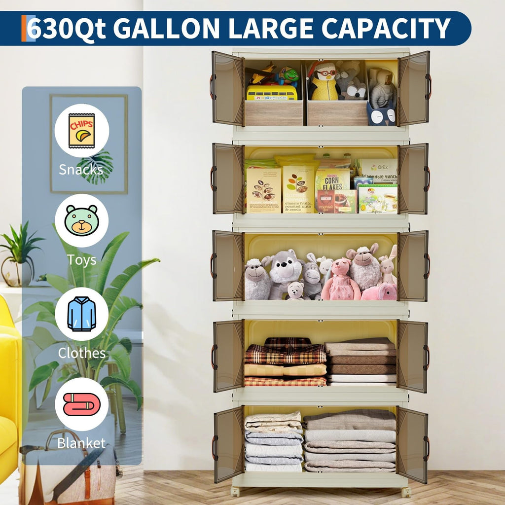 3 Tier Plastic Storage Bins with Lid 48QT, Storage Containers with Wheels, Folding Storage Boxes, with Magnetic Doors for Home,Office, Dorm Room