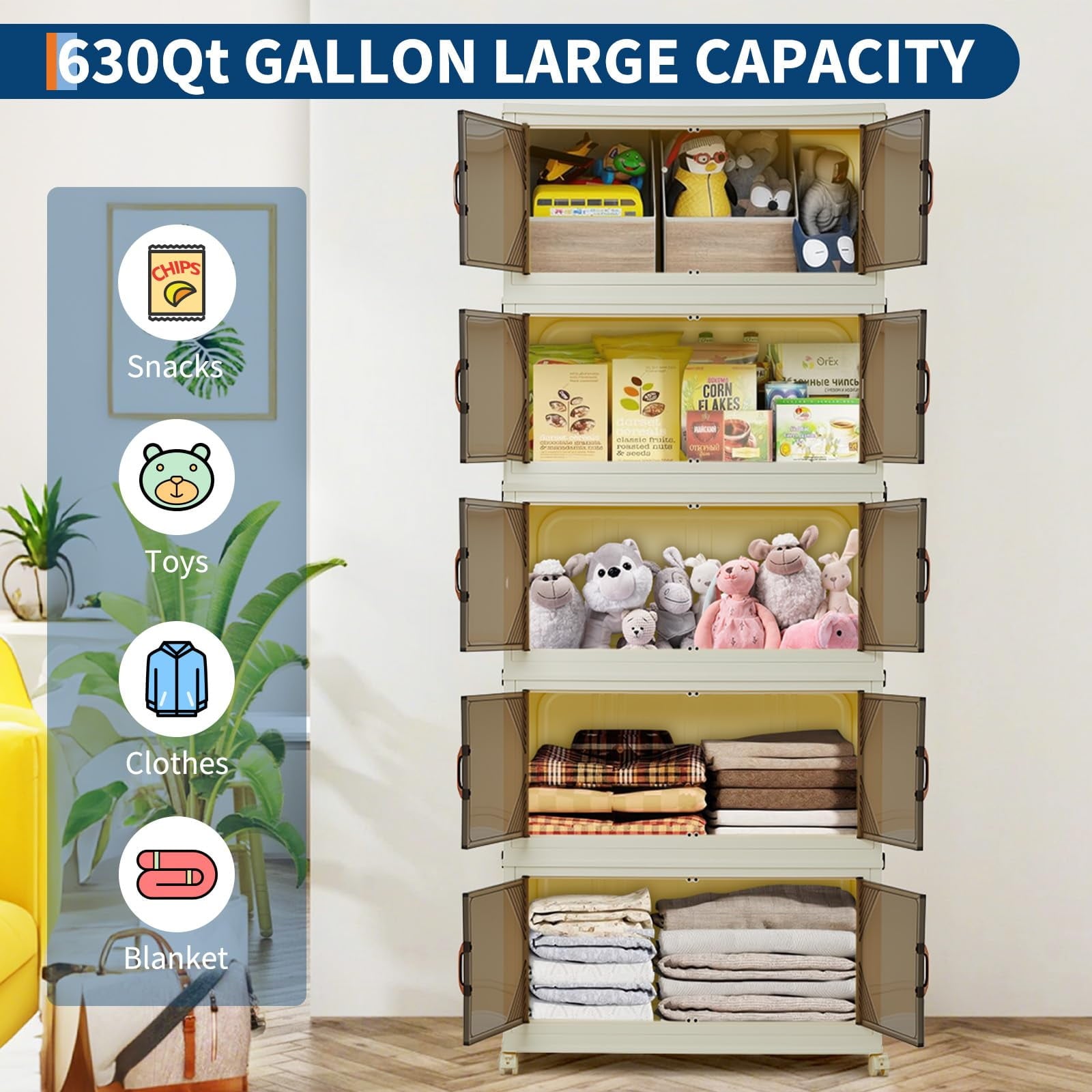 3 Tier Plastic Storage Bins with Lid 48QT, Storage Containers with Wheels, Folding Storage Boxes, with Magnetic Doors for Home,Office, Dorm Room