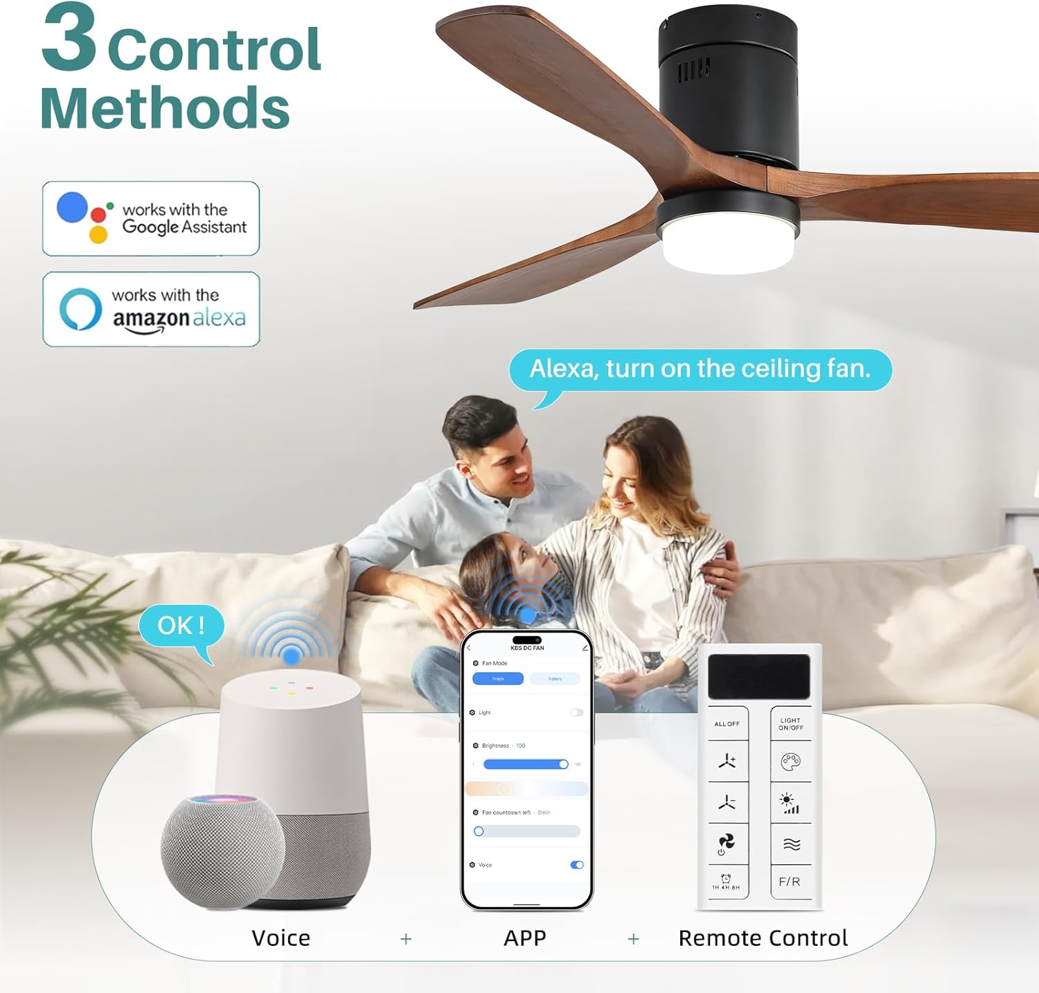 Sofucor 52 Inch Smart Ceiling Fans with Lights-Flush Mount Low Profile Modern Outdoor Solid Wood Ceiling Fans with Alexa/Google Assistant/APP/Remote Control for Bedroom/Farmhouse/Patio, Brown Black