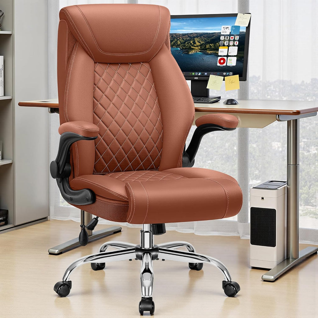 Office Chair, Big and Tall Ergonomic Desk Chair, Executive Leather Computer Chair with Adjustable Lumbar Support, Comfy Gaming Chair with Flip Up Arms, Swivel PC Chair with Rocking Function, Brown