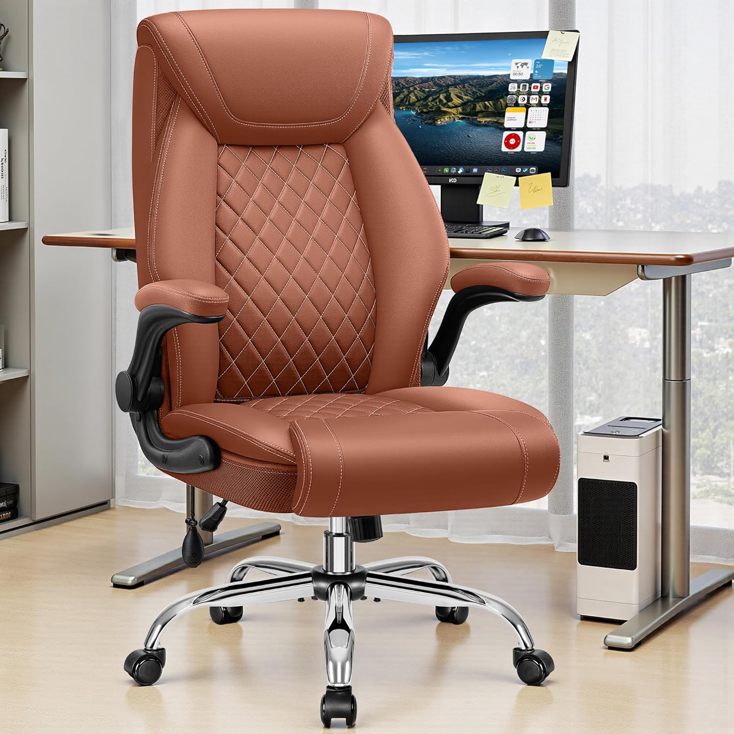 Office Chair, Big and Tall Ergonomic Desk Chair, Executive Leather Computer Chair with Adjustable Lumbar Support, Comfy Gaming Chair with Flip Up Arms, Swivel PC Chair with Rocking Function, Brown