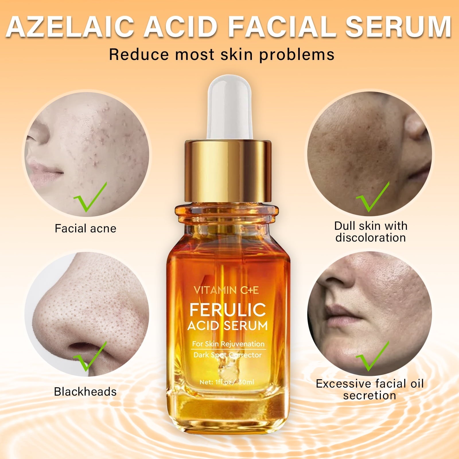 30ml essence of ferulic acid, rich in vitamins and hyaluronic acid. Help improve skin quality, moisturize and nourish.