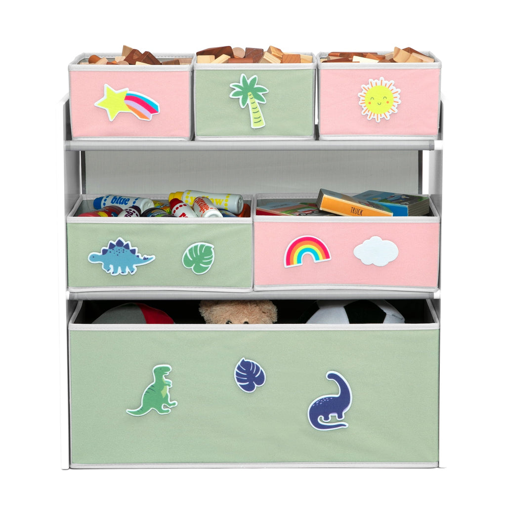 Design & Store 6 Bin Toy Storage Organizer with Interchangeable Patches, Green/Pink