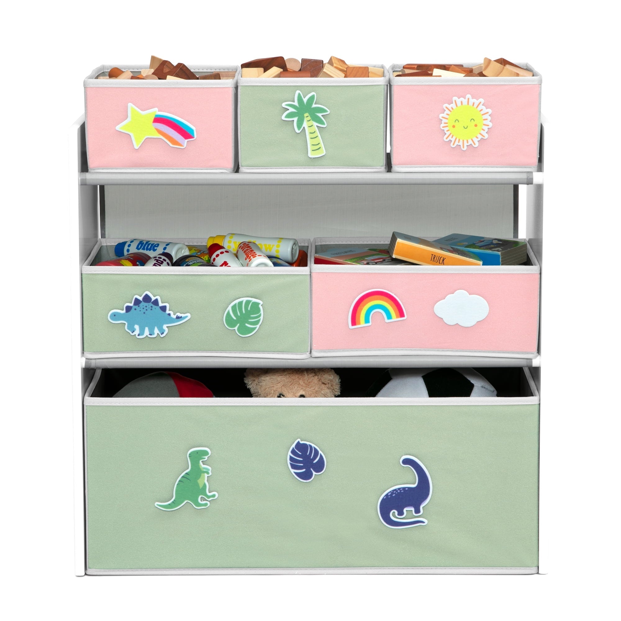 Design & Store 6 Bin Toy Storage Organizer with Interchangeable Patches, Green/Pink