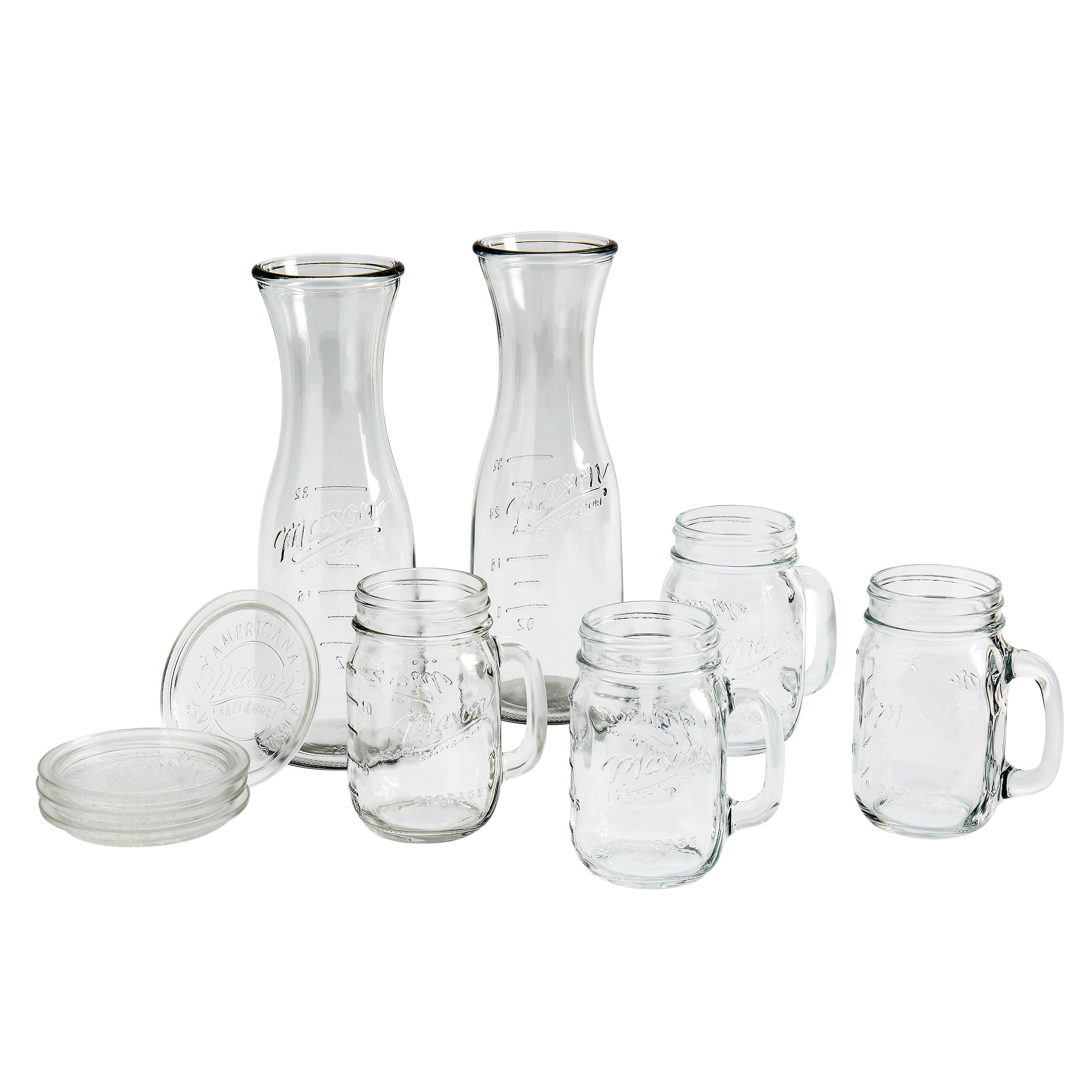 Mason Craft & More 10 Piece Glass Drinkware Set, Carafes, Drinking Jars, and Coasters