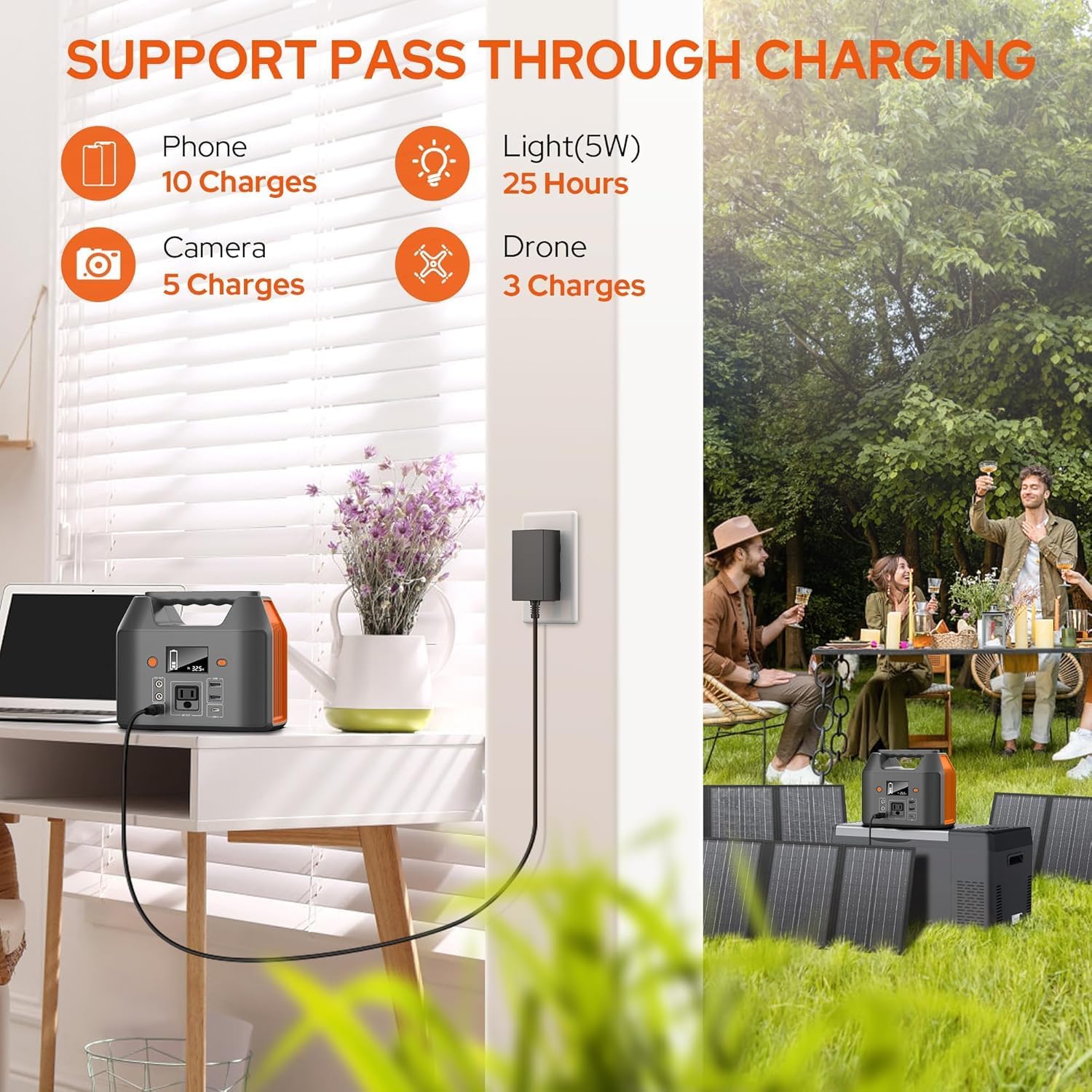 EnginStar Portable Power Station 150W 155Wh Solar Generator 110V 42000mAh Portable Power Bank w/AC Outlet, 6 Outputs External Battery Backup LED Light for Outdoor Camping