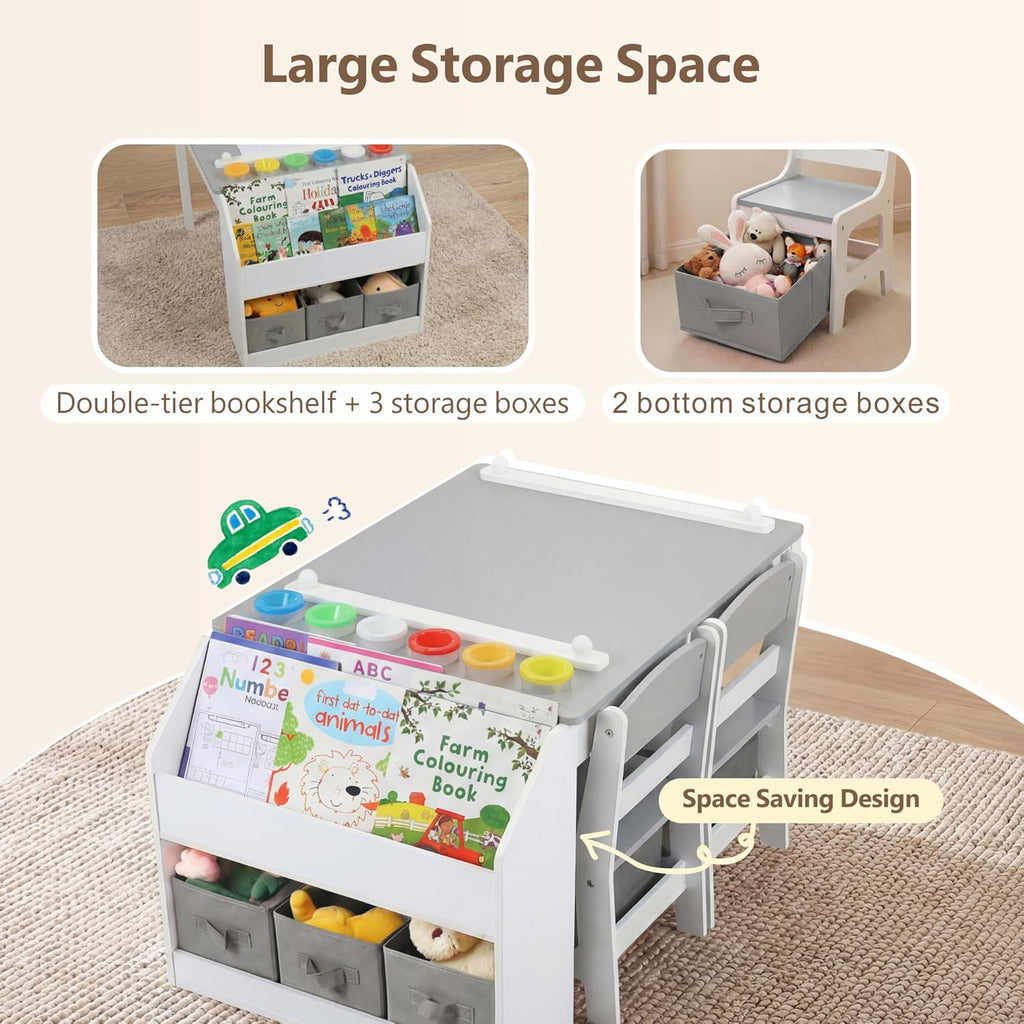 Kinder King Kids Art Table & 2 Chair Set, Wood Toddler Activity Table w/Paper Roll, Bookshelves & Storage Drawers for Kid Drawing, Studying, Playing, Kids Table and Chairs for Playroom, Nursery, Grey