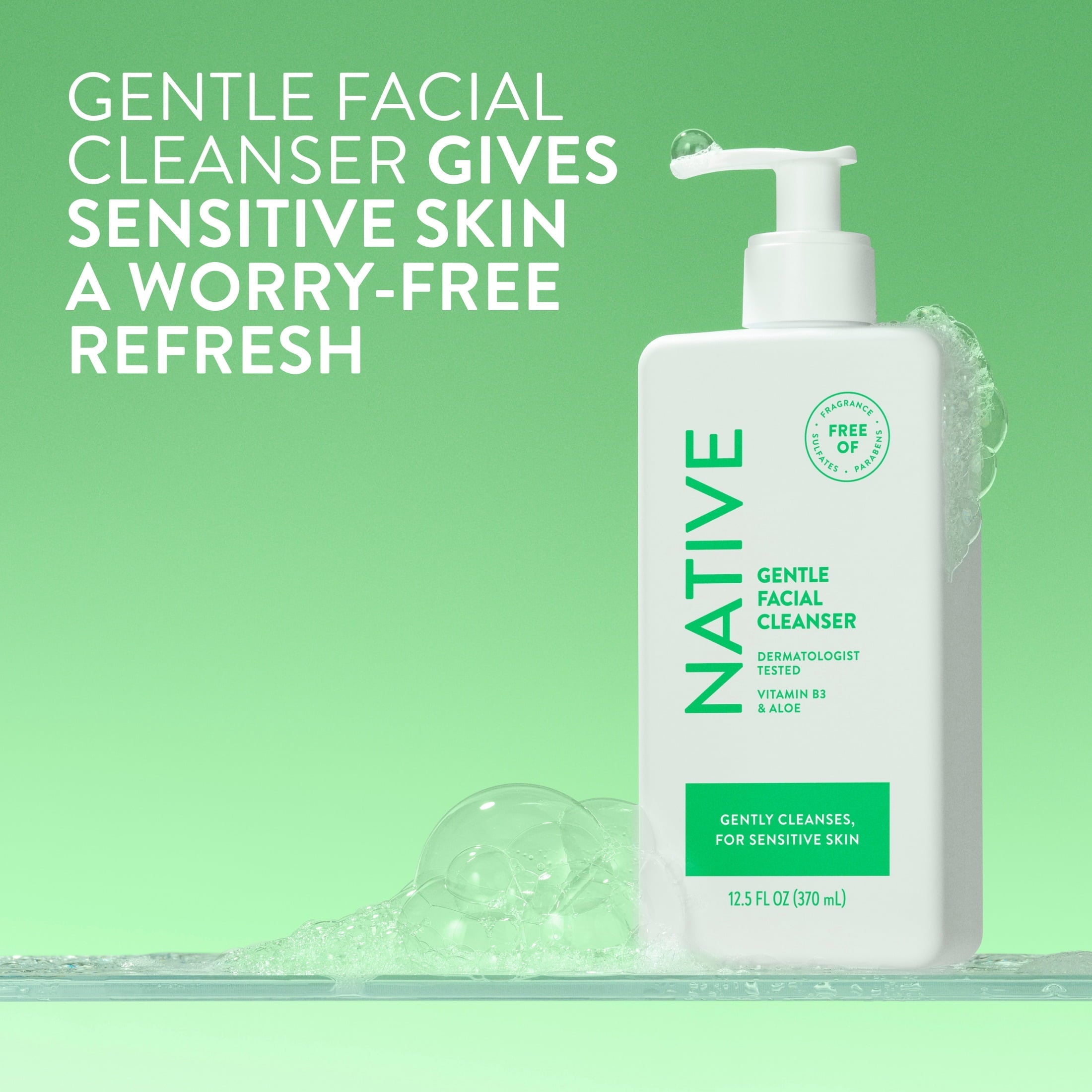 Gentle Face Wash for Sensitive Skin, Fragrance Free, Sulfate Free, with Vitamin B3 and Aloe, Dermatologist Tested, 12.5fl oz