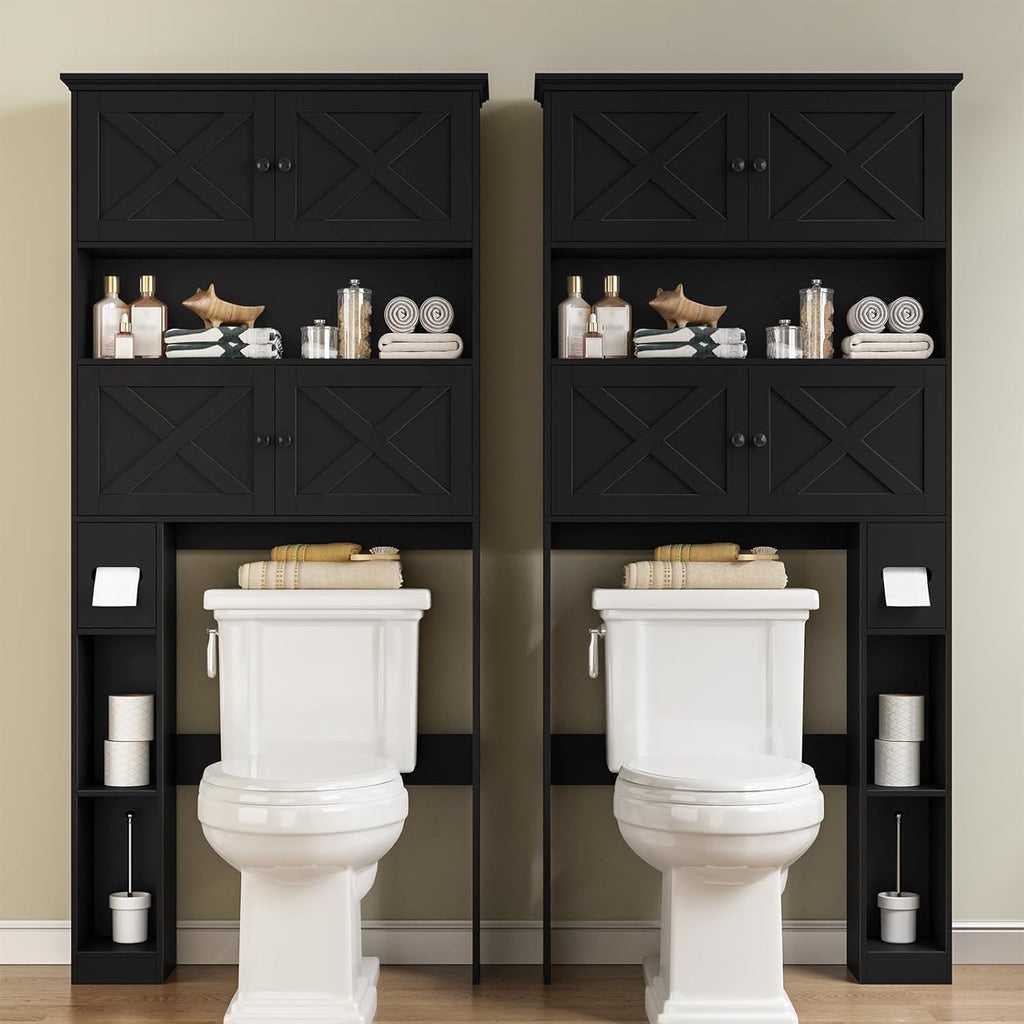 Halitaa Over The Toilet Storage Cabinet, Farmhouse Storage Cabinet Over Toilet with 4 Barn Doors & Toilet Paper Holder Stand, Black Toilet Shelf Home Space Saver for Restroom, Bathroom, Laundry