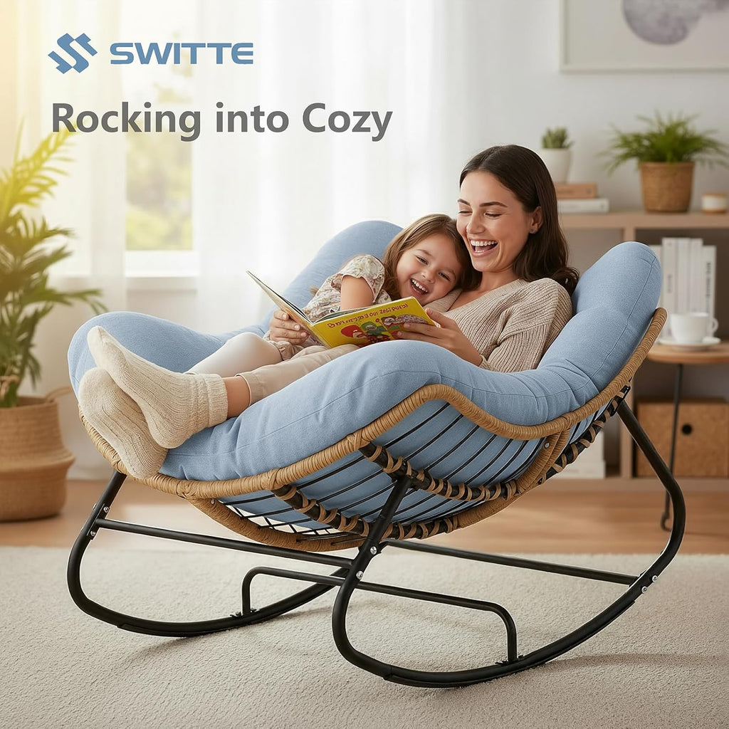 SWITTE Outdoor Rocking Chair, Oversized Patio Papasan Rocker, Comfy Wicker Reading Lounge, Indoor Bed-Like Egg Chair for Bedroom,Balcony, Porch, Garden, Light Blue