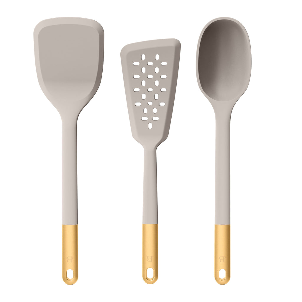 3-Piece Silicone Kitchen Utensil Tool Set, Porcini Taupe by Drew Barrymore