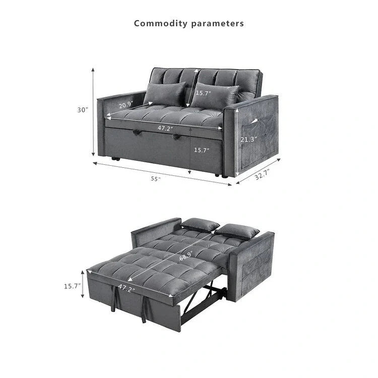 Modern Velvet Futon Loveseat with Reclining Backrest & Pockets, Seats 2 ?Dark Gray / Light Gray / Blue / Black