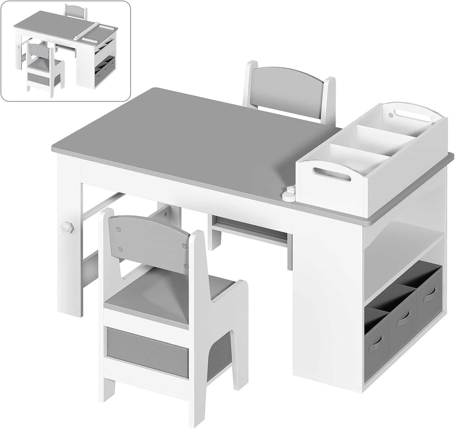 Kids Art Table and Chair Set, Wooden Toddler Activity Desk with Removable Tabletop Shelf and 5 Storage Drawers, Paper Pressing Rod & Roll Holder for Playroom, Nursery, Grey and White