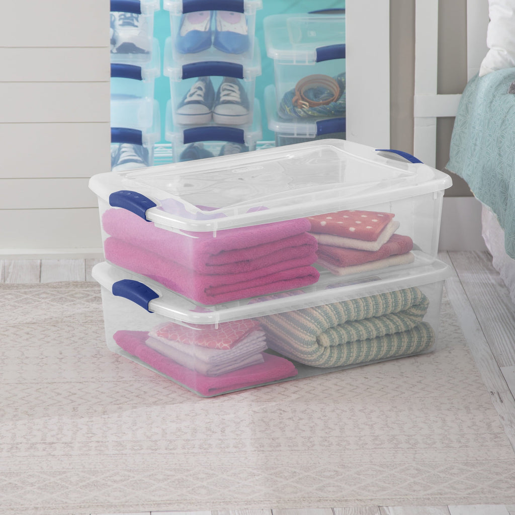 32 Quart Medium Latching Storage Bin, Clear Plastic Storage Container with Latch Lid, Blue