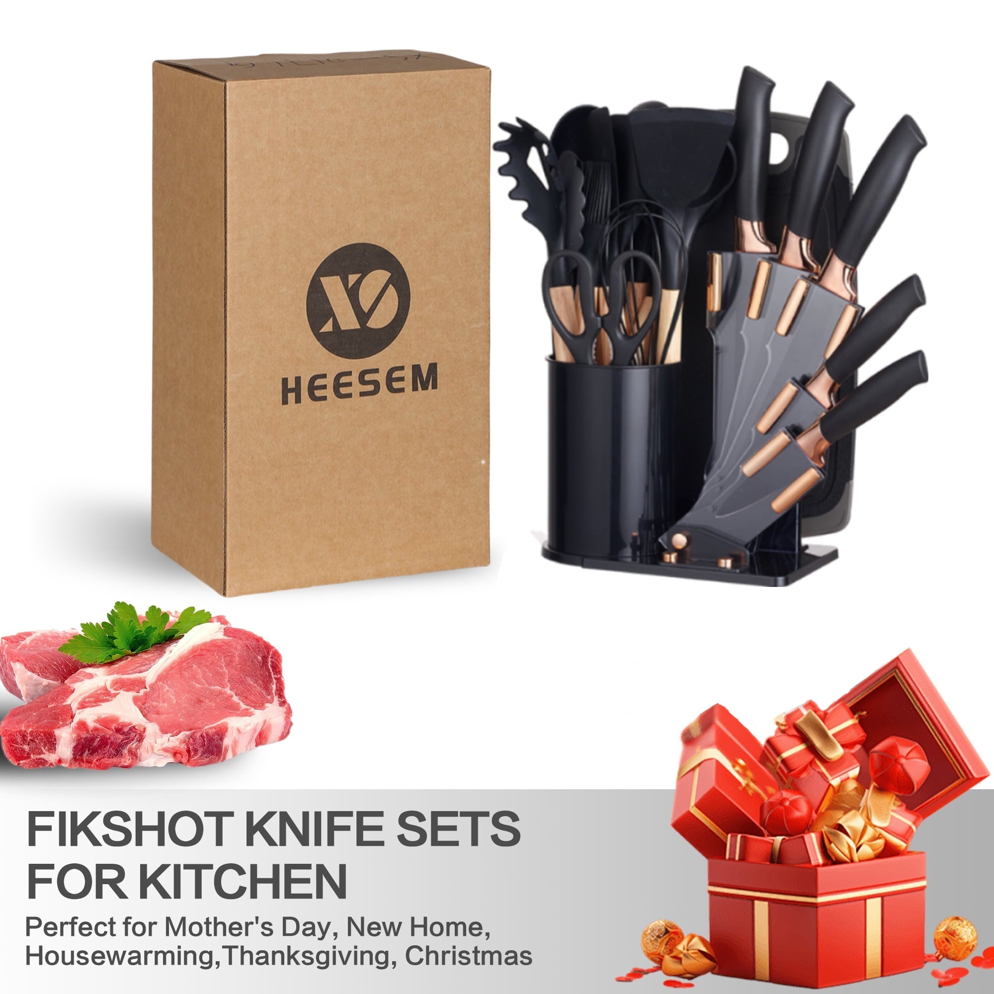 19-Piece Silicone Kitchen Utensil & Knife Set - Heat-Resistant Cooking Tools Non-Stick Safe Gift for Mom or Women Black