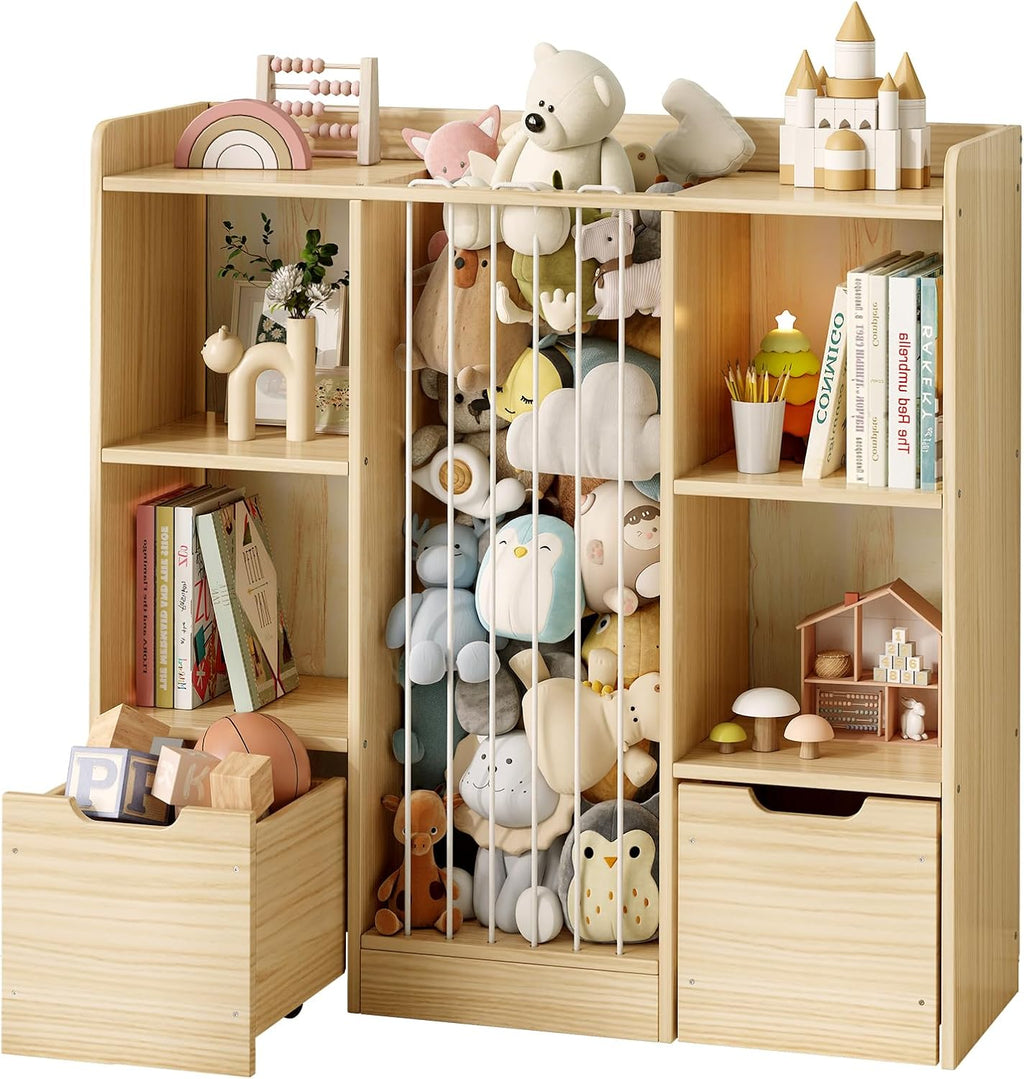 Toy Storage Organizer with Stuffed Animal Storage, Solid Pine Wooden Toy Organizer & Stuffed Animal Zoo, 4 Cubes Shelf with 2 Movable Drawers, 4 -in-1 Book Shelf for Kids Room, Playroom, Nursery