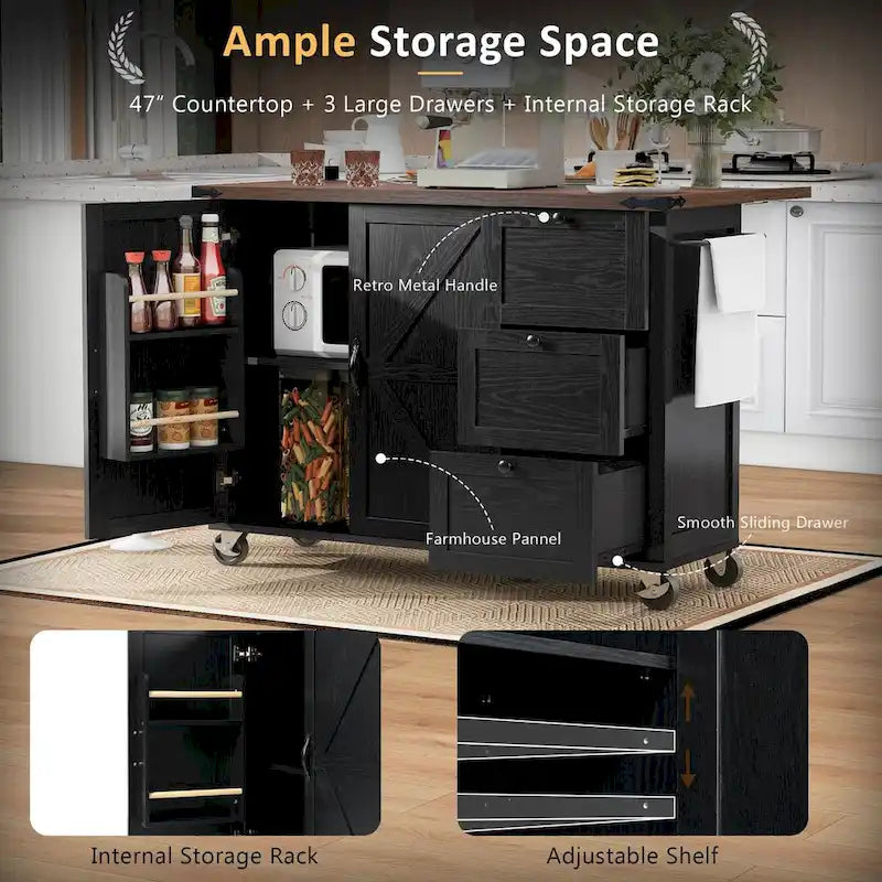 54.5 Farmhouse Kitchen Island with Power Outlet, Internal Storage Rack, Drop-Leaf Tabletop, Spice Rack, Rolling Cart On Wheels