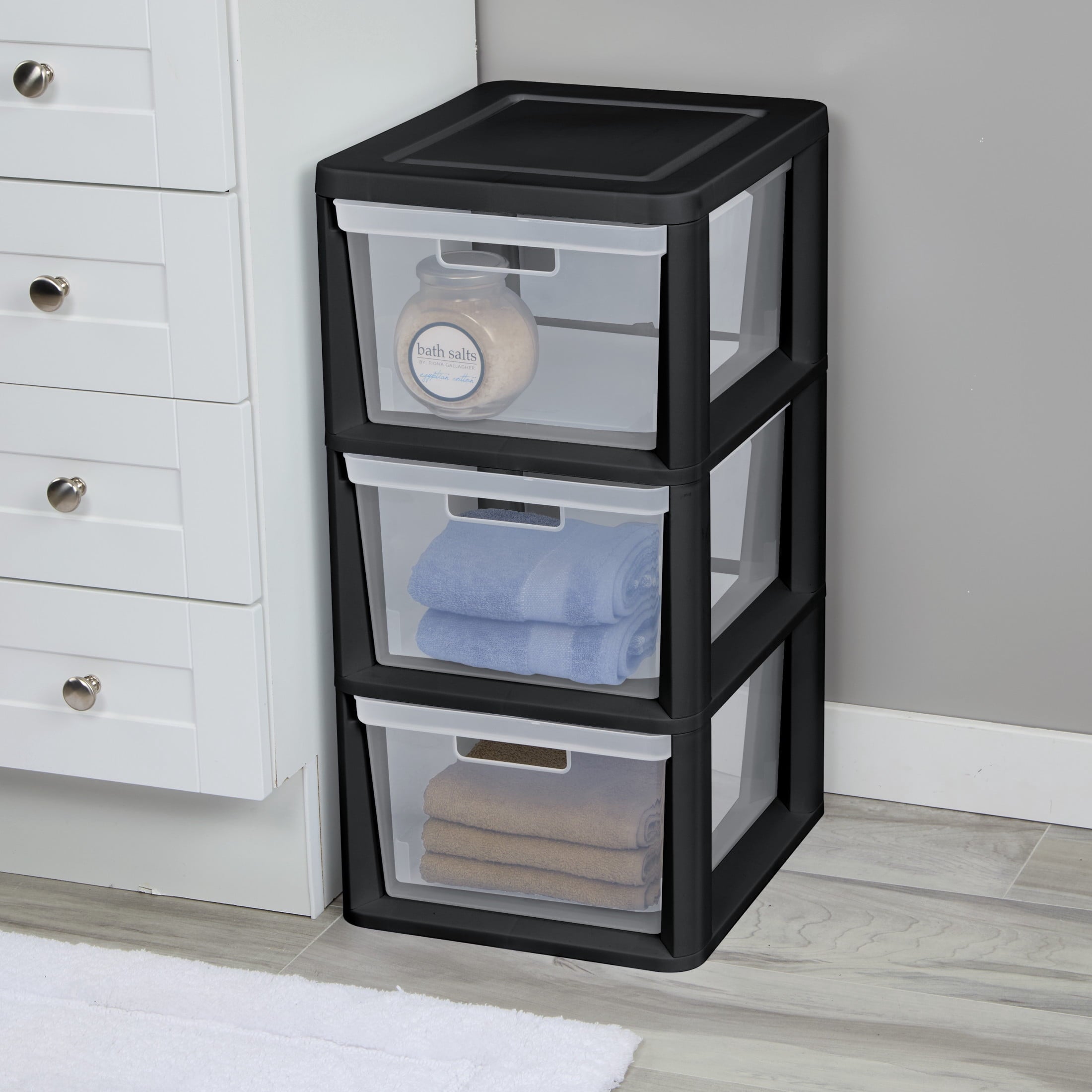 Medium 3 Drawer Tower, with Removable Clear Plastic Storage Bins, Tool-Free, Black