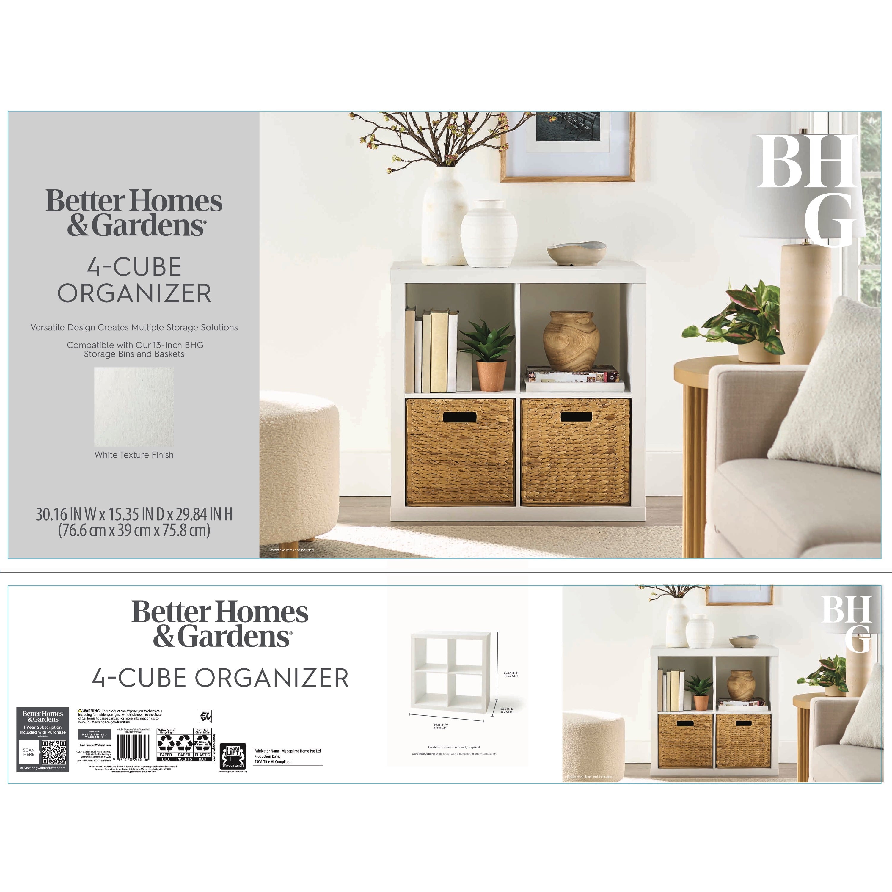 Better Homes & Gardens 4 Cube Storage Organizer, White Texture