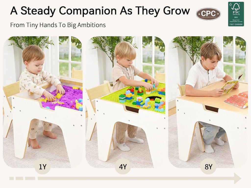 WINGYZ 4-in-1 Wooden Kids Activity Table and 2 Chairs, Ages 2-12 & 4-8 Building Blocks Construction Sensory Table with Storage, Spacious Kids Learning Desk