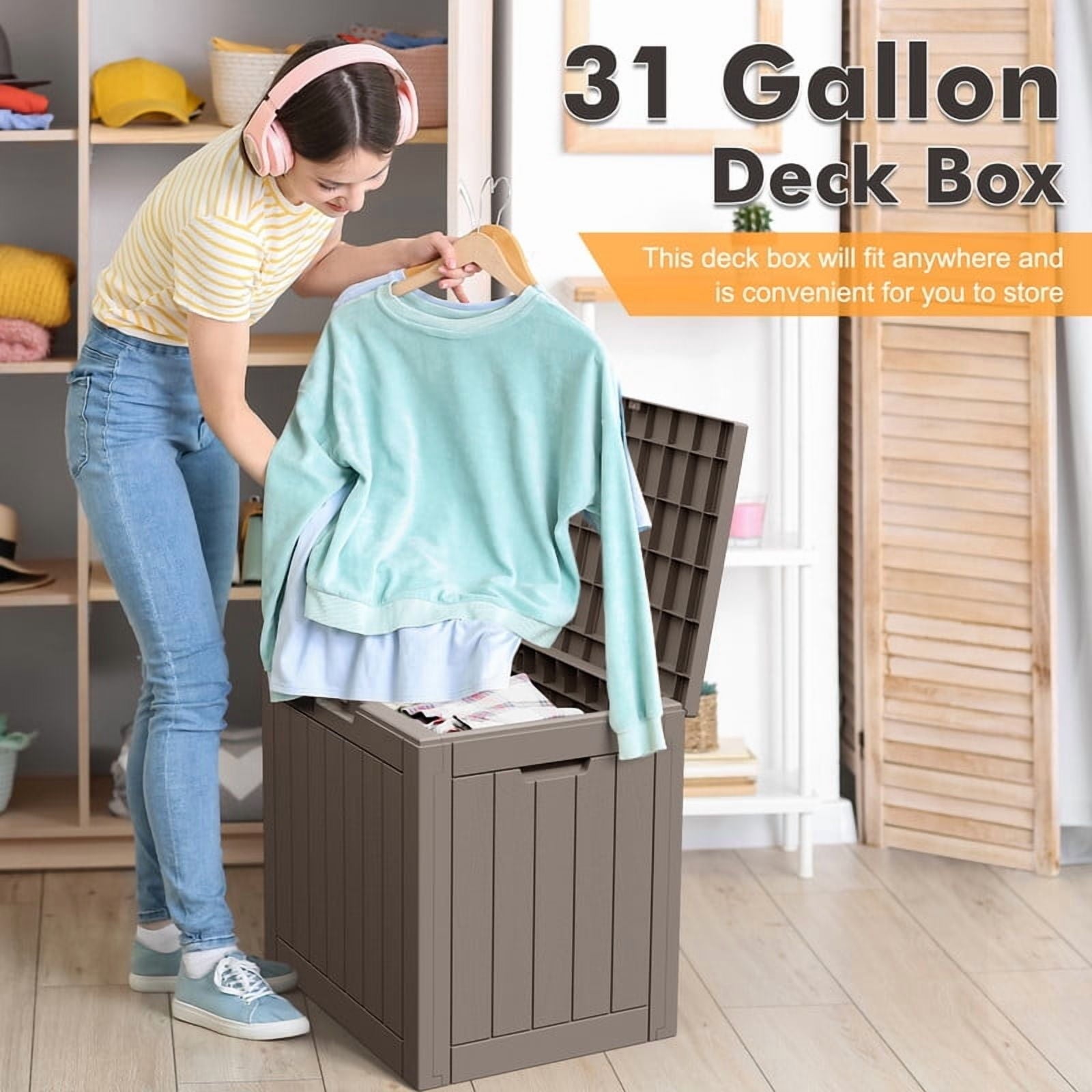 31 Gallon Deck Box, Resin Outdoor Storage Box, and Storage Deck Box for Garden Tools, Supplies, Toys