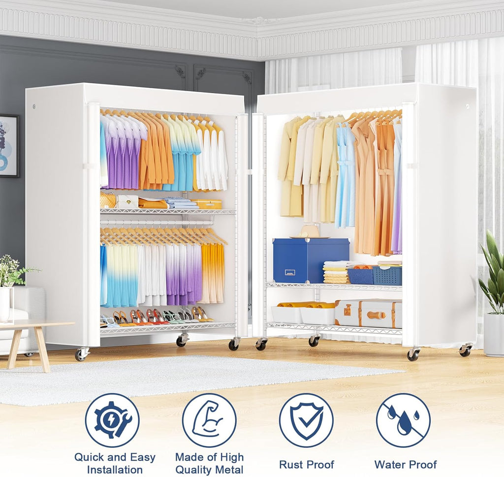ULIFHOME P8C Max Heavy Duty Clothes RackWith Extended Width Design Rolling Clothing Racks for Hanging Clothes with Lockable Wheels51.2"W x 15.8"D x 80.5"HLoad 700LBSWhite Rack with White Cover