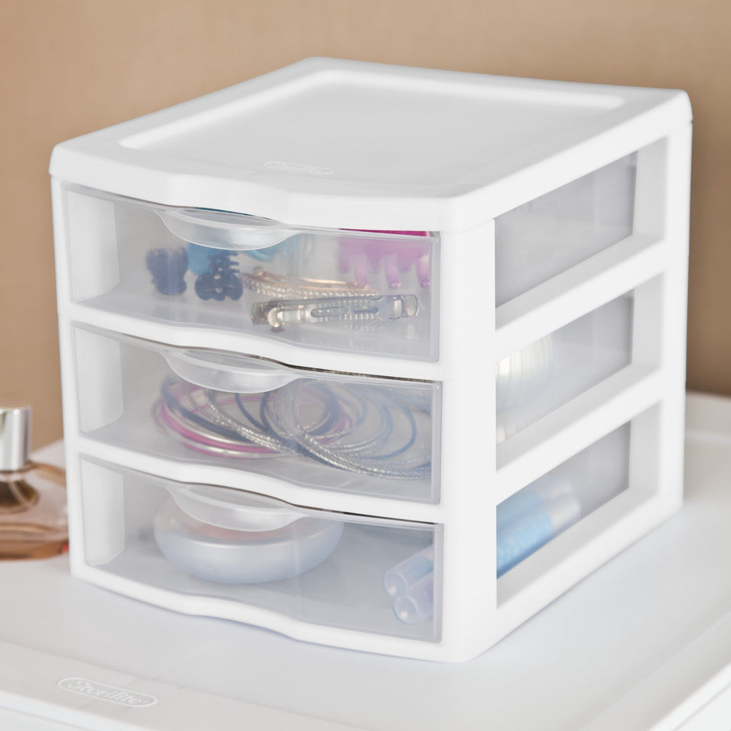 3 Drawer Clear Storage Bin, Desktop Drawer Storage Container, White