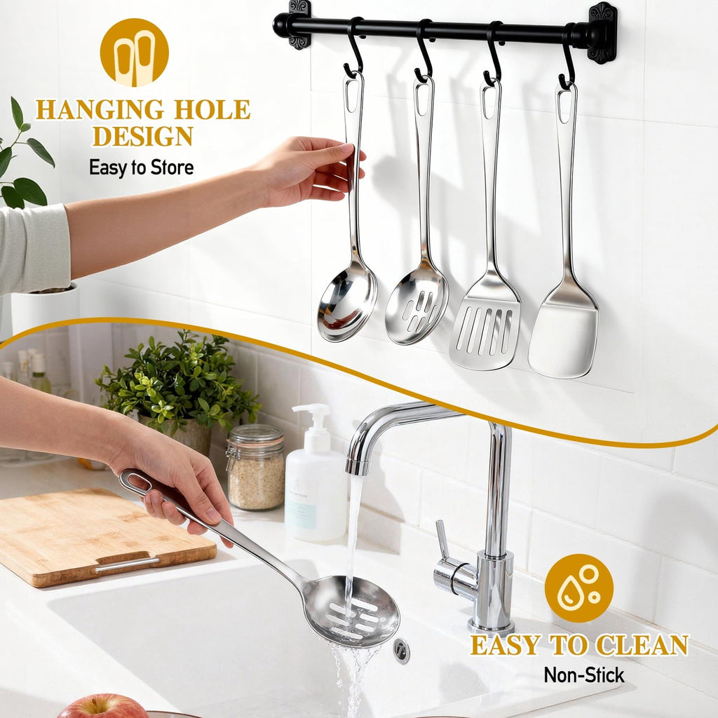 4 Pcs Cooking Utensils Set, Stainless Steel Kitchen Utensils, Kitchen Tools Set Include Solid & Slotted Turner Wok Spatula, Serving Spoon, Home Essentials Kitchen Gadgets Accessories