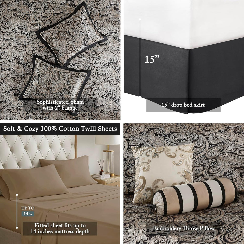 Madison Park Aubrey Cozy Comforter Set, Faux Silk Jacquard Paisley Design - All Season Down Alternative Bedding with Cotton Bed Sheets, Bed Skirt & Toss Pillows, Queen Black 12 Piece