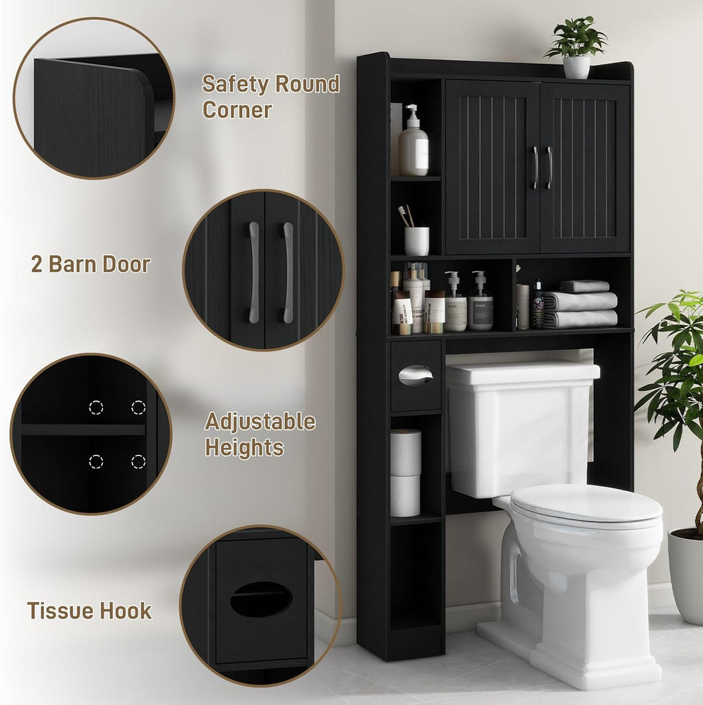 Vabches Over The Toilet Storage Cabinet, Farmhouse Storage Cabinet Over Toilet with Barn Door, Home Space-Saving Toilet Rack, for Bathroom, Restroom, LaundryBlack.