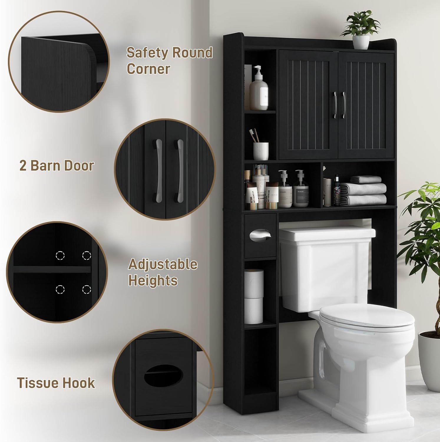 Vabches Over The Toilet Storage Cabinet, Farmhouse Storage Cabinet Over Toilet with Barn Door, Home Space-Saving Toilet Rack, for Bathroom, Restroom, LaundryBlack.