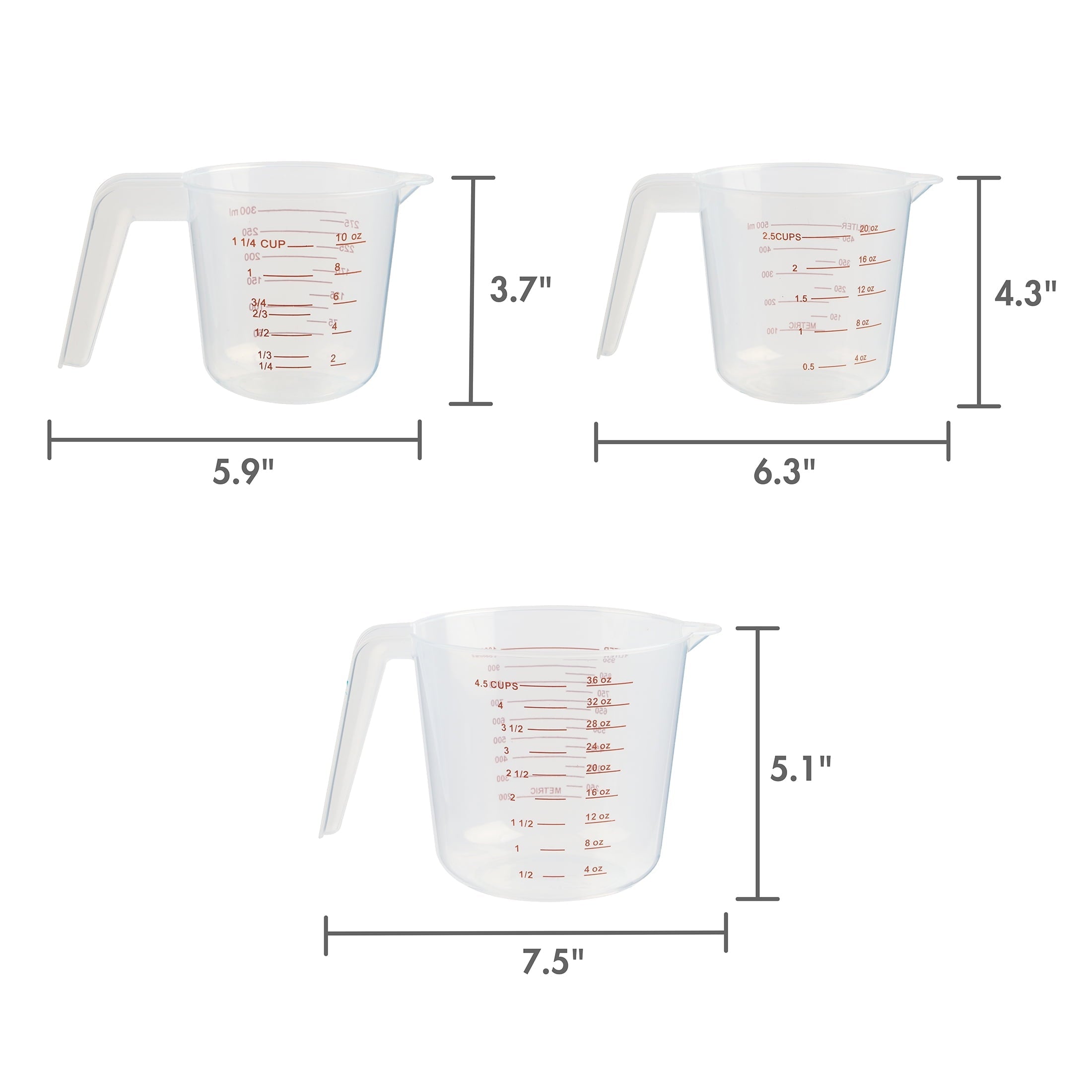 3-Piece Tapered Spout Nesting Plastic Measuring Cups Set, Clear