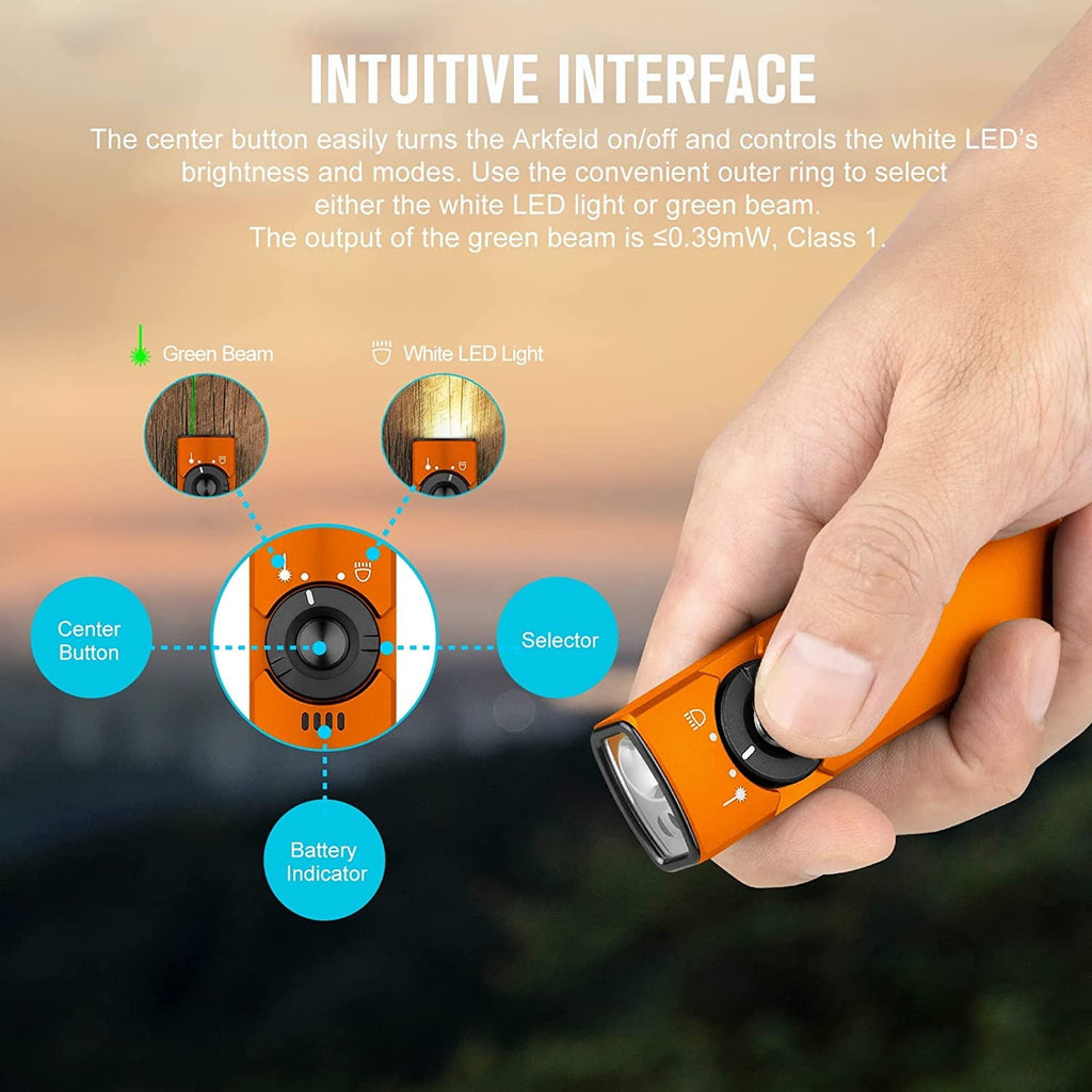 Arkfeld EDC Flat Flashlight, 1000 Lumens LED Light with Green Beam, Rechargeable Battery, Orange