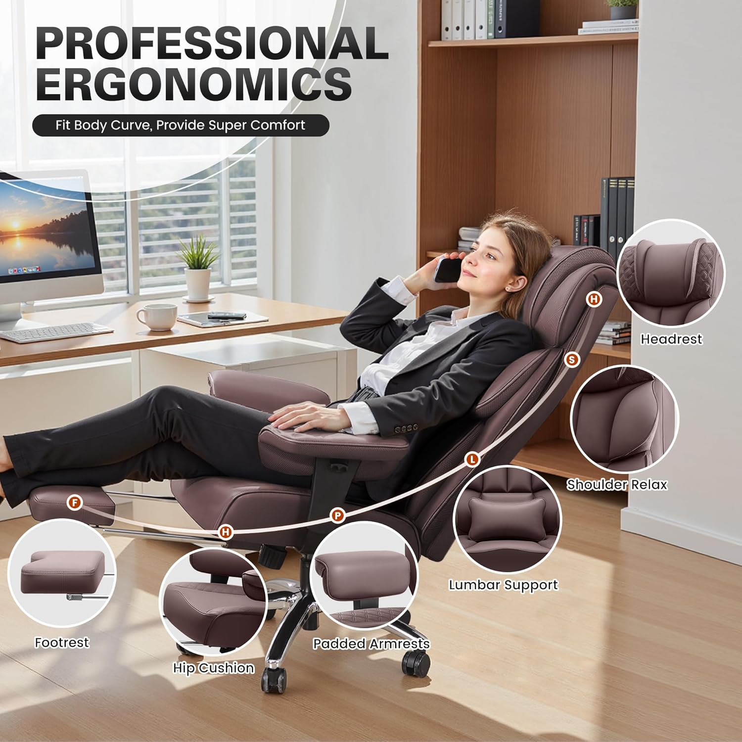 BestGlory Office Desk Chair, Big and Tall Leather Gaming Chair with Footrest, Wide Ergonomic Comfy Executive High-Back Reclining Computer Chairs, Swivel Rolling Wheels and Padded Lumbar Support,Coffee