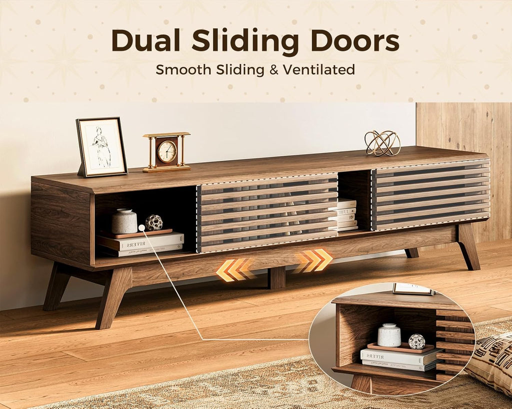 AODK 59" TV Stand for 55"/60"/65" TVs, Mid-Century Modern Fluted Entertainment Center with Sliding Doors, Storage Cabinets & Media Console Table, Living Room & Bedroom, Walnut