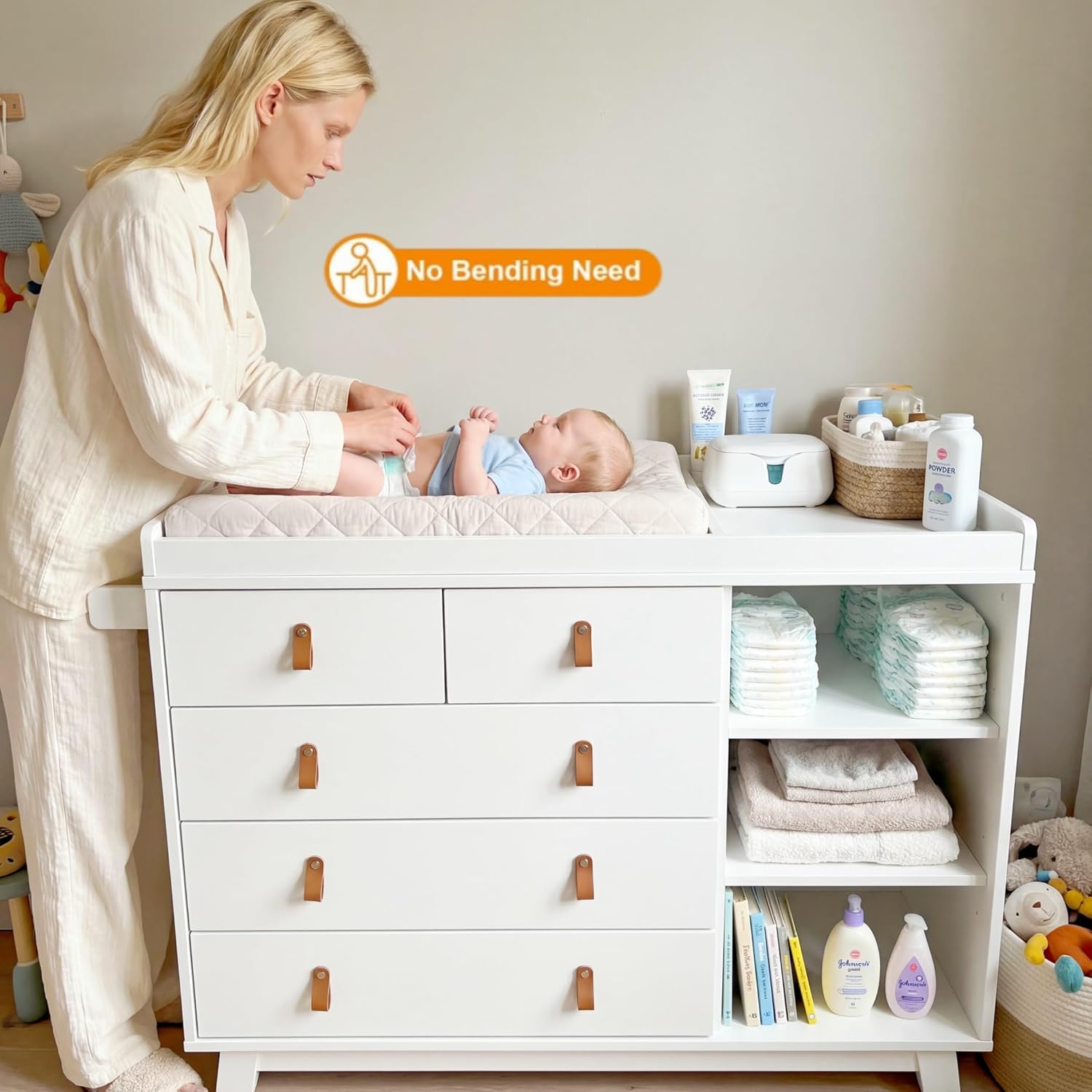 Baby Dresser with Changing Table Top, Baby Changing Table Dresser with 5 Drawers and Adjustable Shelves, Multi-Functional Diaper Changing Station, Nursery Organizer for Kids Bedroom, White
