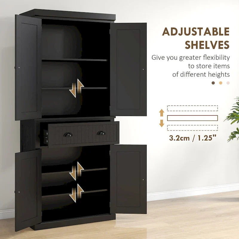 72 Kitchen Pantry Storage Cabinet, Traditional Freestanding Cabinet with 4 Doors and 3 Adjustable Shelves, Large Central Drawer