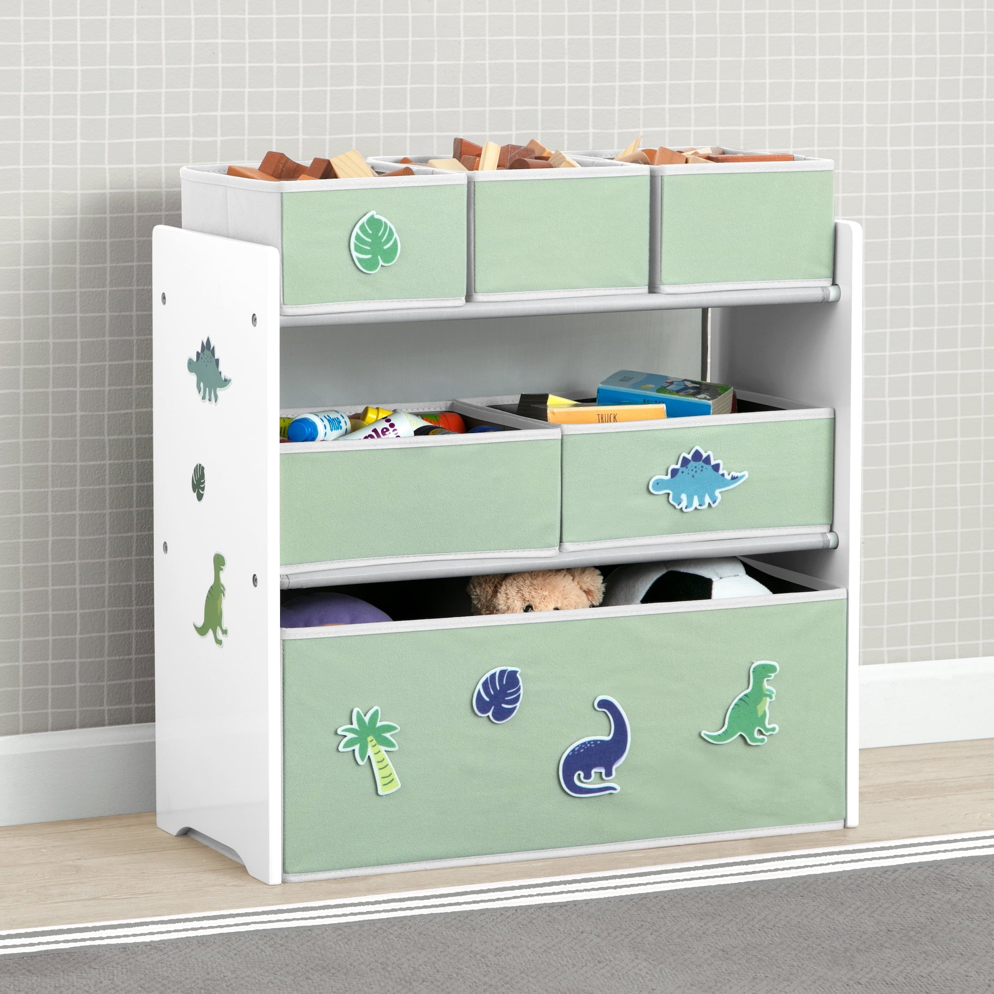 Design & Store 6 Bin Toy Storage Organizer with Interchangeable Patches, Green/Pink