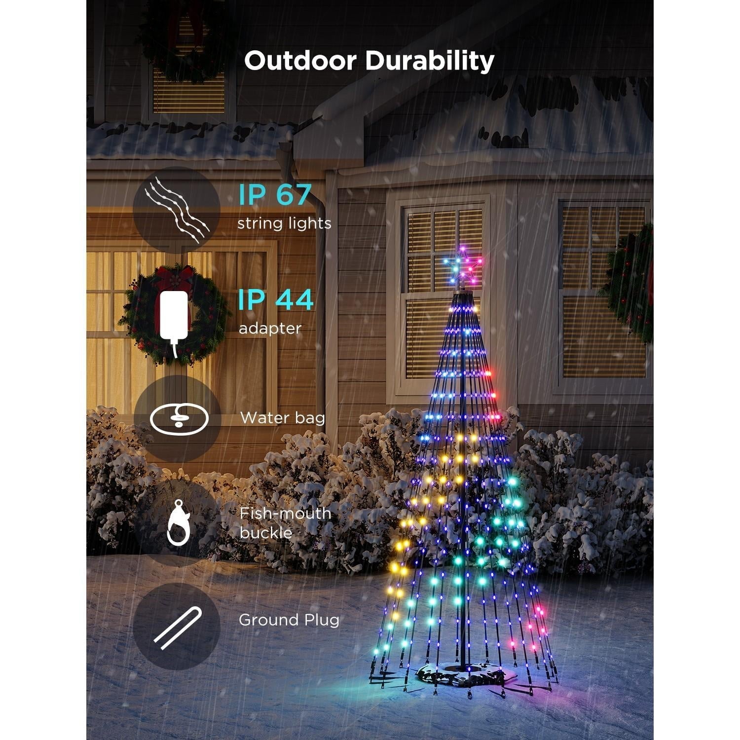 Christmas Cone Tree Lights 6ft with 66 Scene Modes, Black, IP65 Waterproof for Indoor Outdoor Xmas Decor, Remote Control, Dimmable