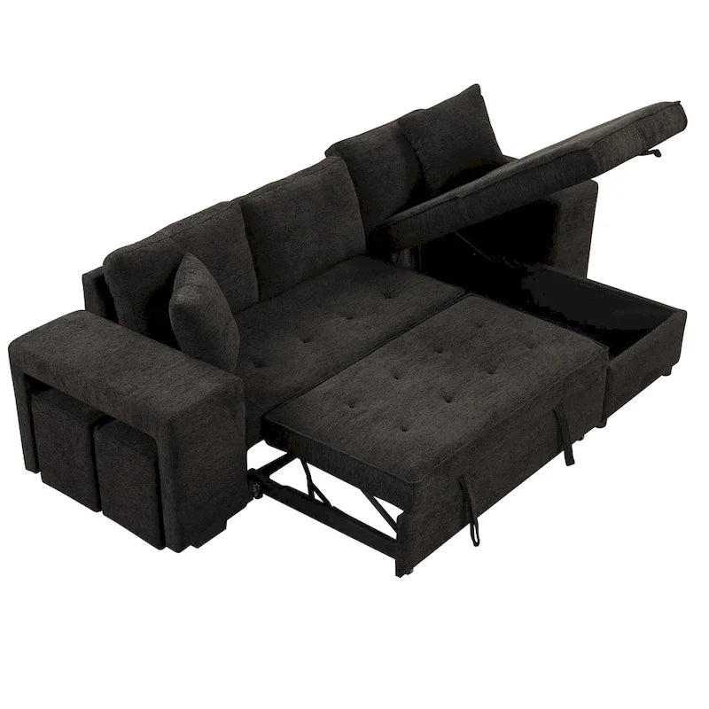 104 Modern L-Shape 3 Seat Reversible Sectional Couch, Pull Out Sleeper Sofa with Storage Chaise and 2 Stools