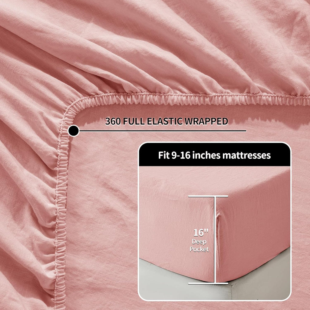 LBRO2M 100% Pure Linen Sheet Set Deep Pocket Up to 16" Bed Sheets Sets, Natural Flax Beddings Soft, Breathable, Comfortable for All Seasons 4 Pcs Sheet Set Queen Size, Blush Pink