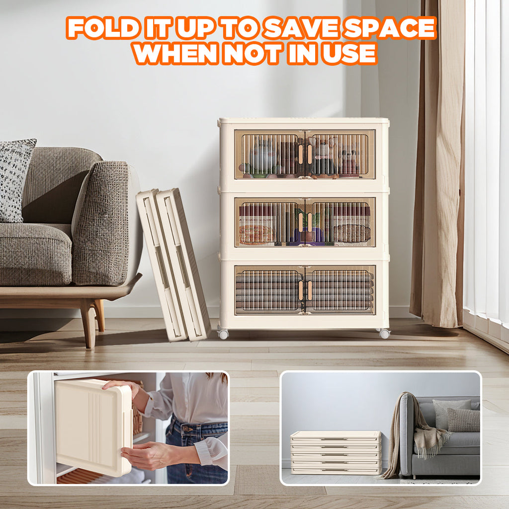 5 Tiers Storage Bins with Wheels, Magnetic Dual Open Collapsible Storage Container with Lids, 125QT Folding Storage Box Bins for Closet Organizers, Home and Office, Beige
